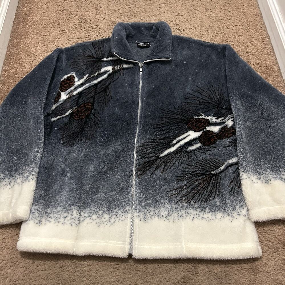 Rare VTG Acorn Snow Winter Print Full Zip Fleece Streetwear Dad Grandpa Coat L
